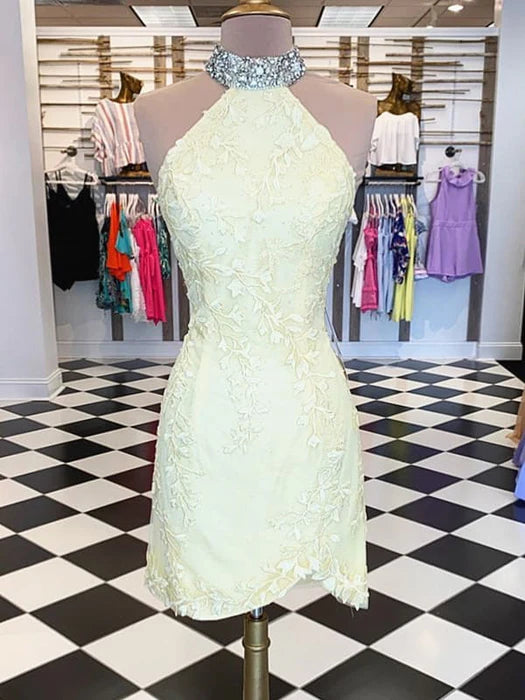 Short Backless Yellow Lace Prom Short Yellow Backless Lace Formal Homecoming