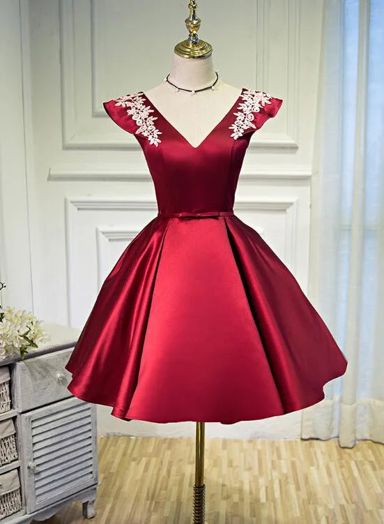 Dark Red Satin Short Prom Dress Party DressRed Homecoming Dress