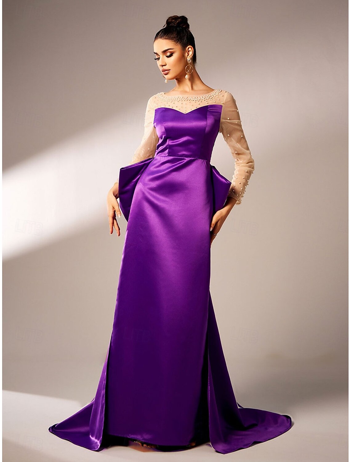 Mermaid / Trumpet Party Dresses Elegant Dress Wedding Wedding Guest Sweep / Brush Train Long Sleeve Crew Neck Polyester with Beading Sequin