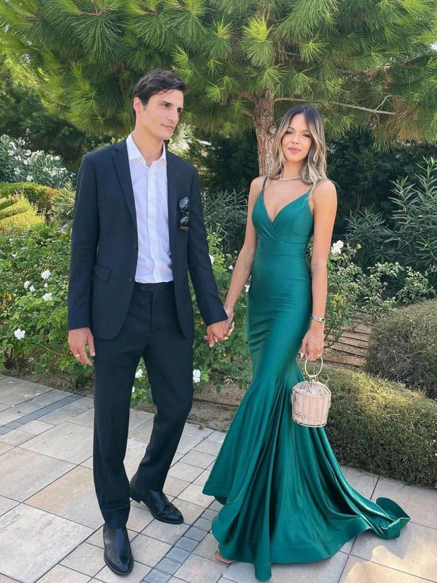 Simple stain v neck mermaid green long prom dress green evening dress