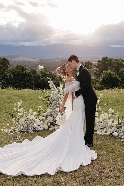 Fairy Mermaid Off the Shoulder Satin Wedding Dress with Bow