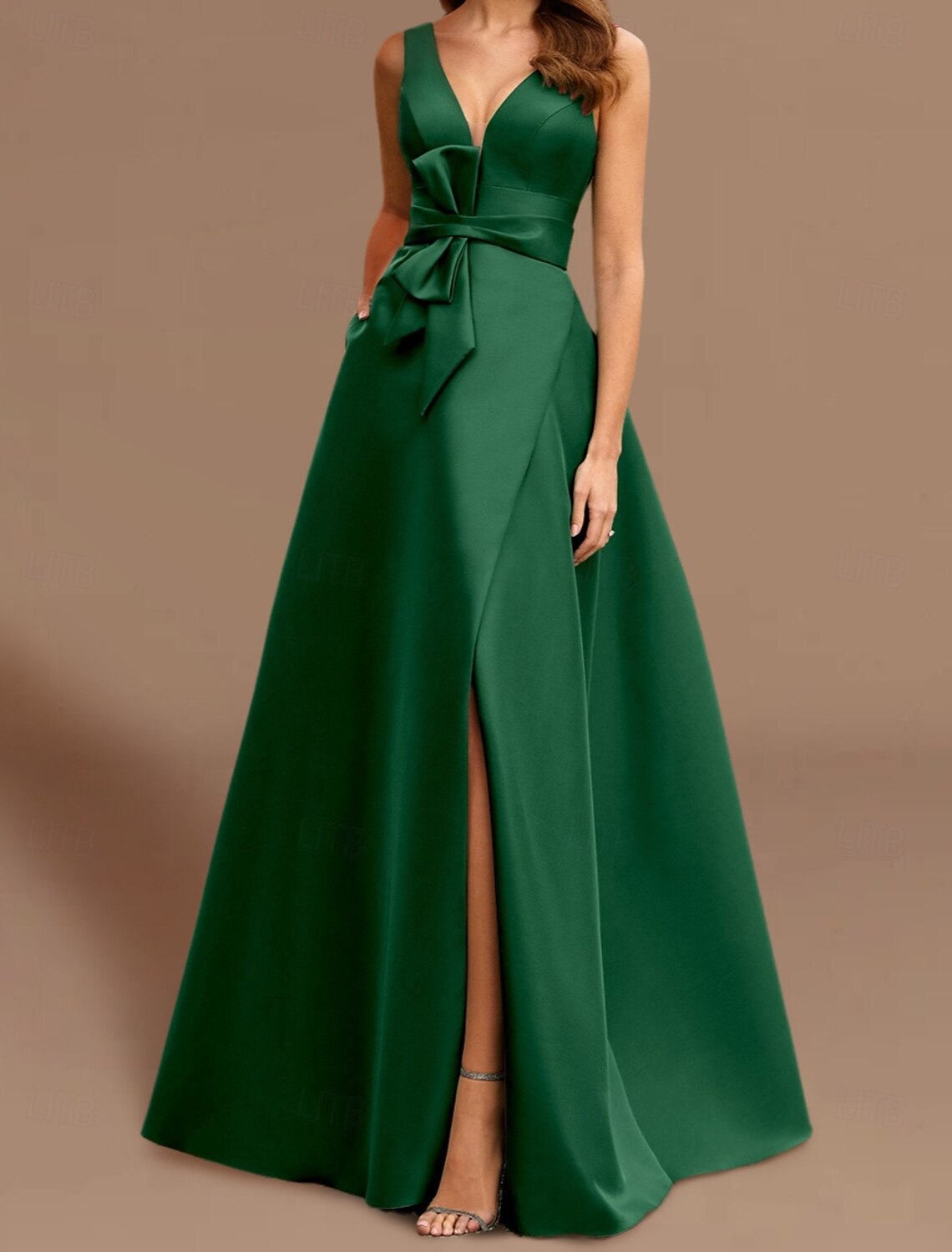 A-Line Evening Gown High Split Dress Formal Masquerade Floor Length Sleeveless V Neck Belt / Sash Satin with Bow