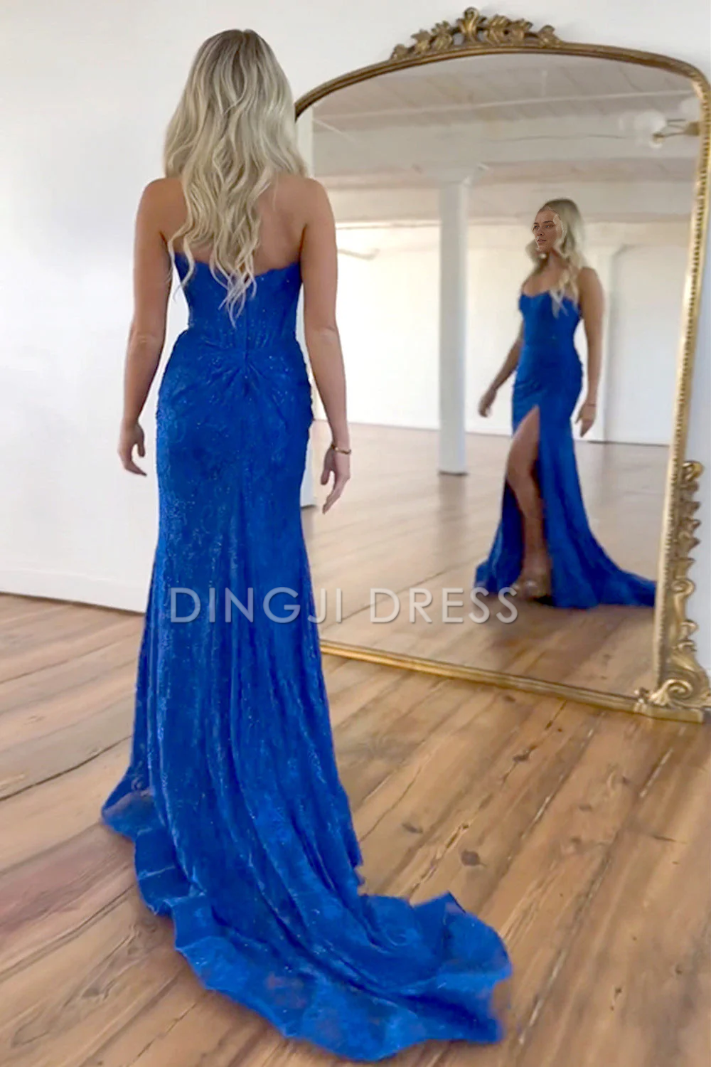 DingJiDress Gorgeous Mermaid Strapless Sweep Train Lace Slit Elegant Prom Dress