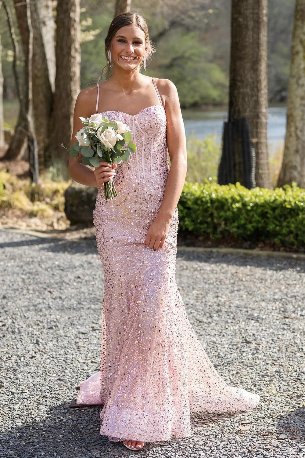 Pink thin shoulder strap long sequin slim fit ball dress