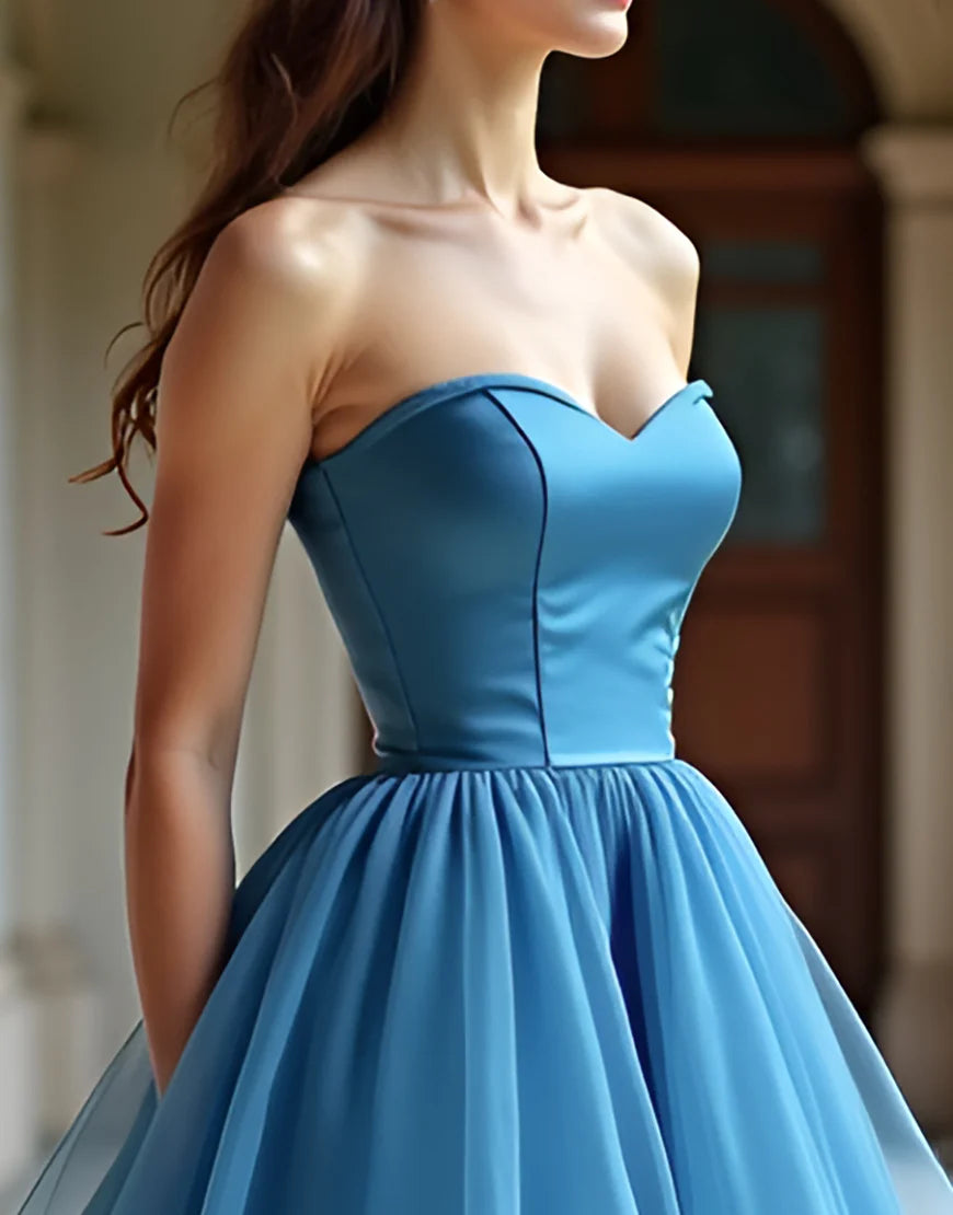 Blue A-Line Sweetheart Neck Tulle Cascading Ruffles Prom Dress