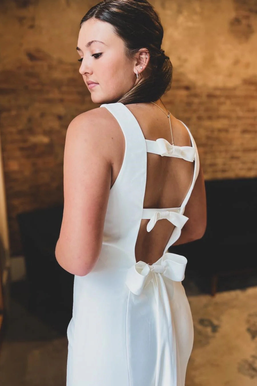 White Bateau Cutout Back Long Wedding Dress
