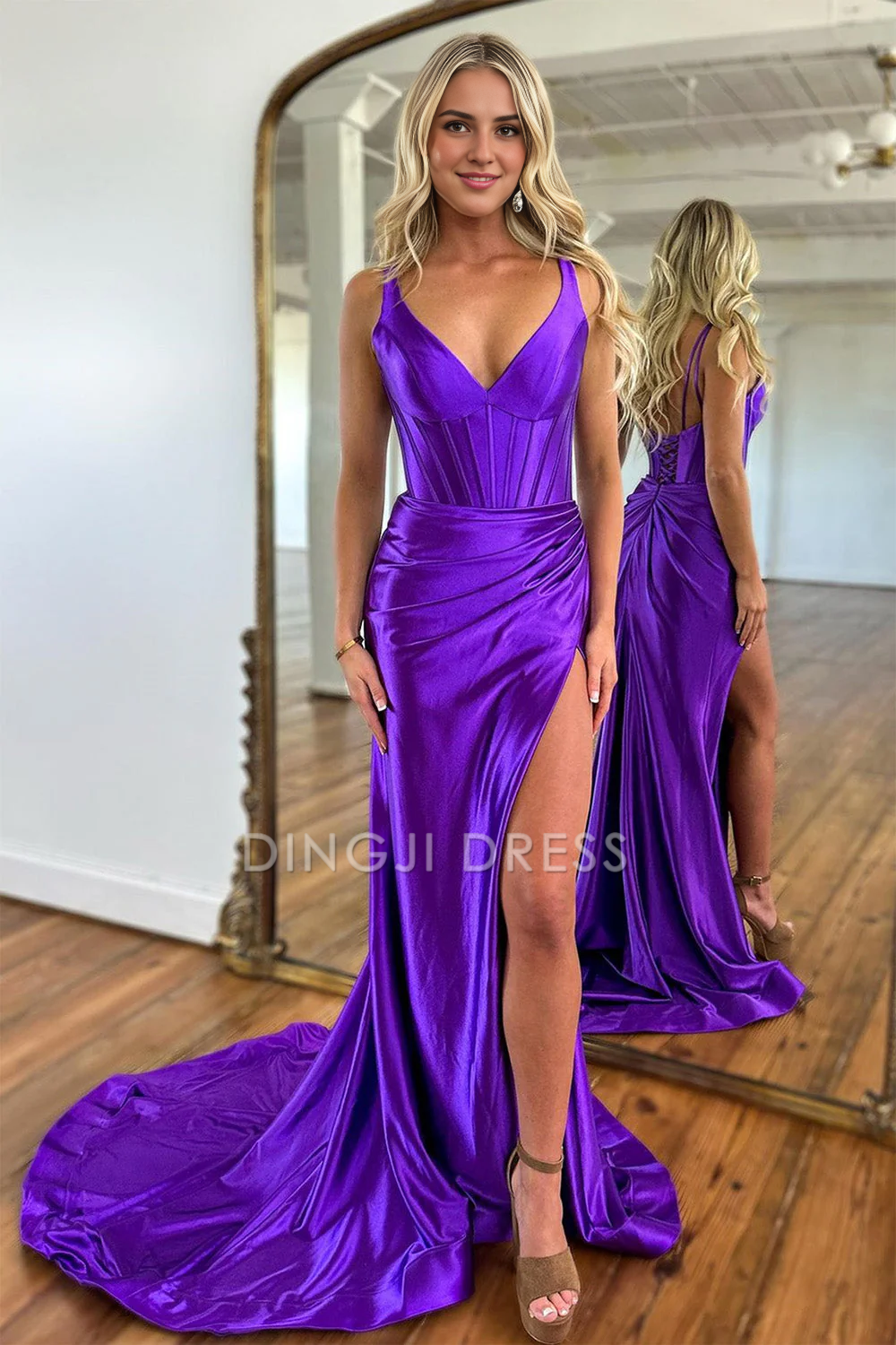 DingJiDress Mermaid V-Neck Satin Long Split Sweep Train Elegant Prom Dress