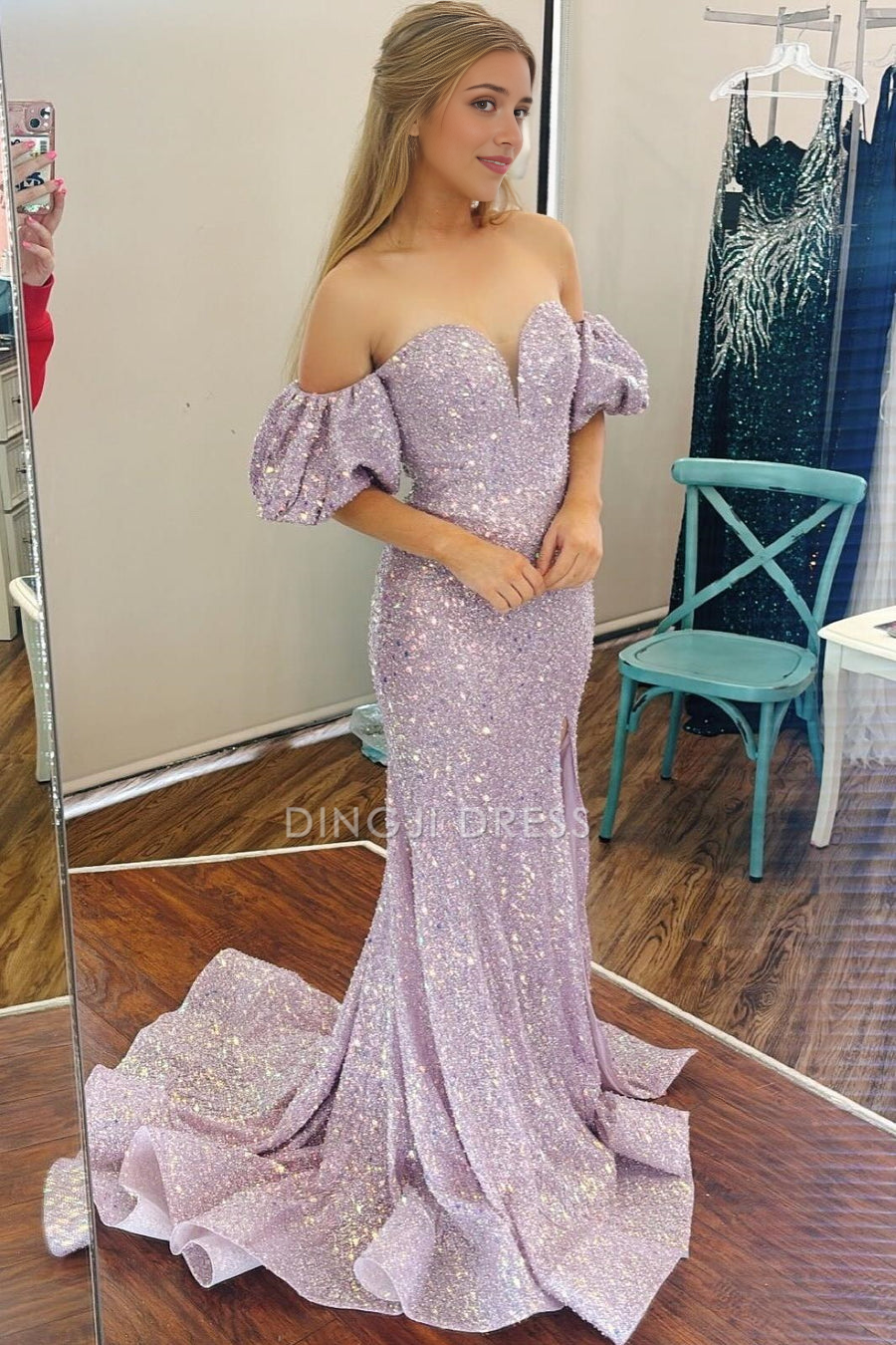 DingJiDress Formal Dress Elegant Mermaid Sparkly Sweetheart Short Sleeves Off Shoulder Sequins Prom Dress