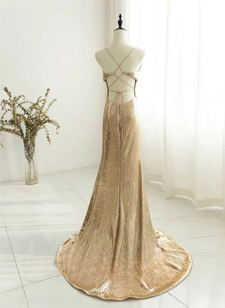 Chic Champagne Sequins Long Prom DressSequins Champagne Formal Dress