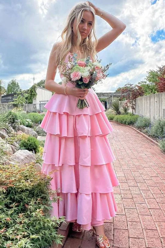 Pink Straps V-Neck Tiered Sleeveless Empire-Waist Long Prom Dress