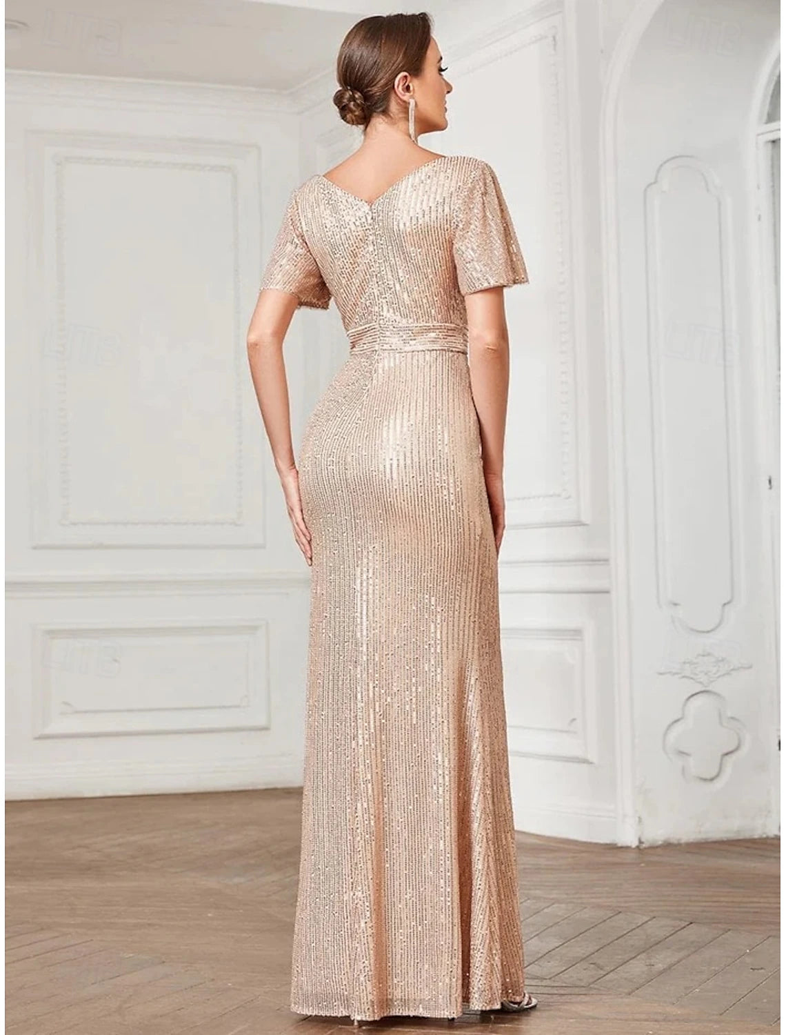 A-Line Prom Dresses Party Dress Formal Floor Length Long Sleeve V Neck Sequined with Glitter