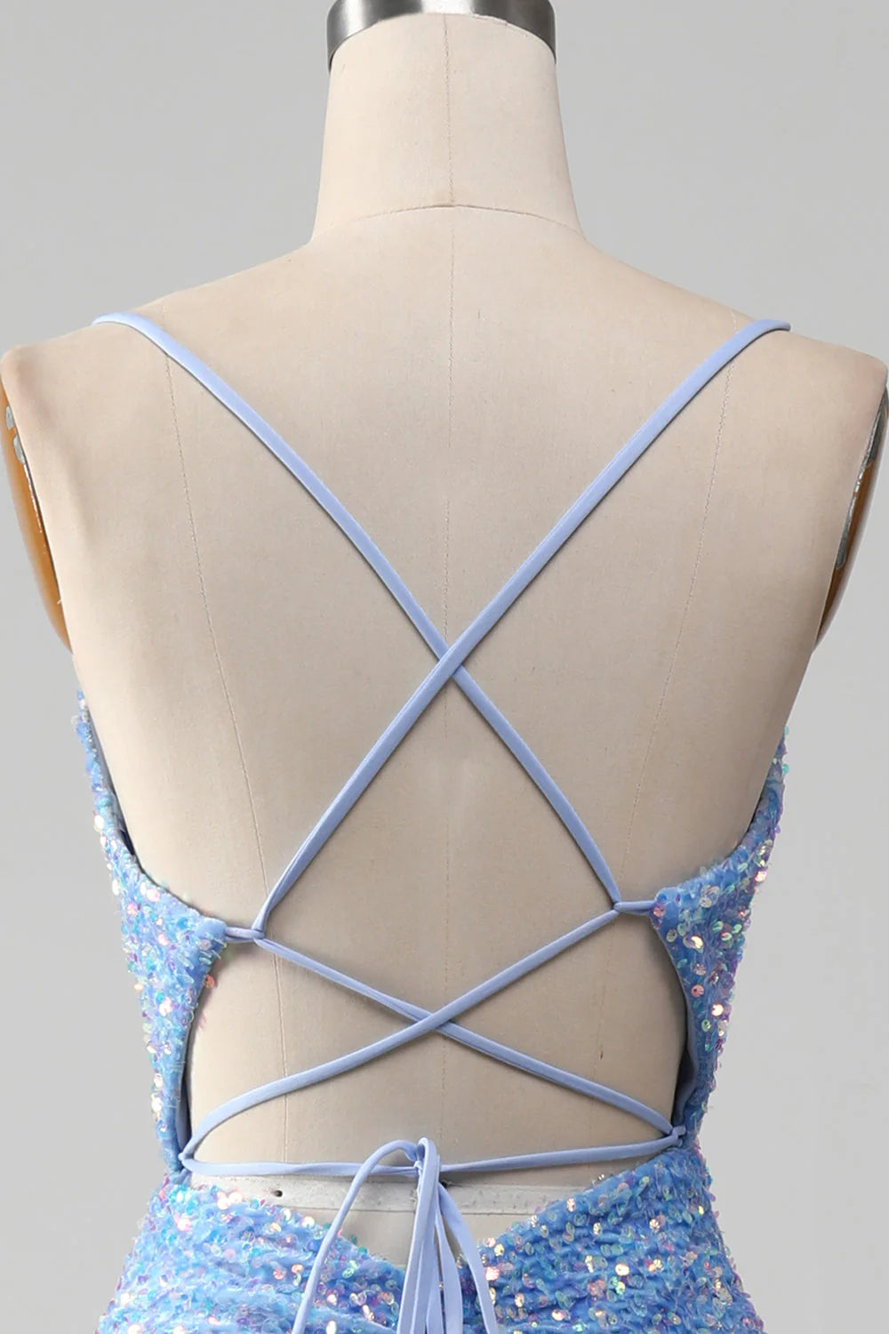 Light blue long sequined slim shoulder mermaid slit dance dress