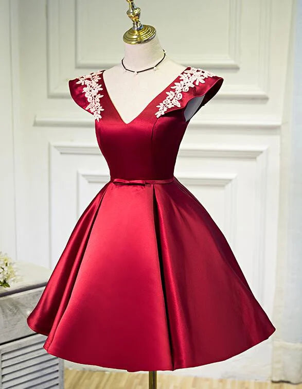 Dark Red Satin Short Prom Dress Party DressRed Homecoming Dress
