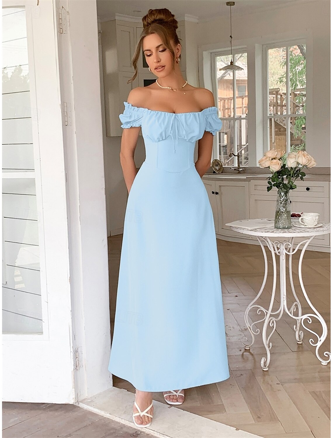 A-Line Quinceanera Dresses Elegant Dress Formal Wedding Floor Length Short Sleeve Off Shoulder Chiffon with Pleats