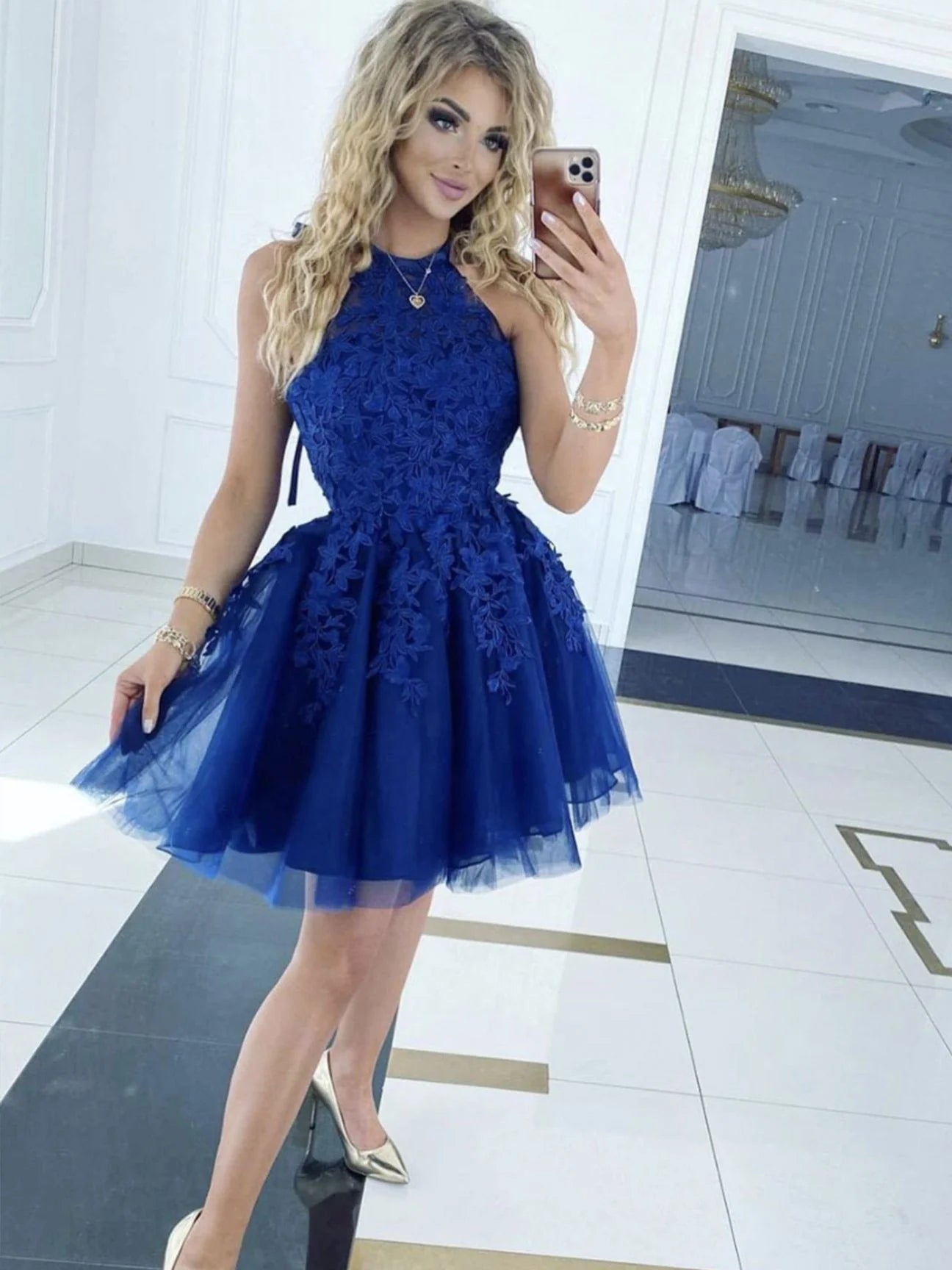 Blue tulle lace short prom dress  blue lace homecoming dress