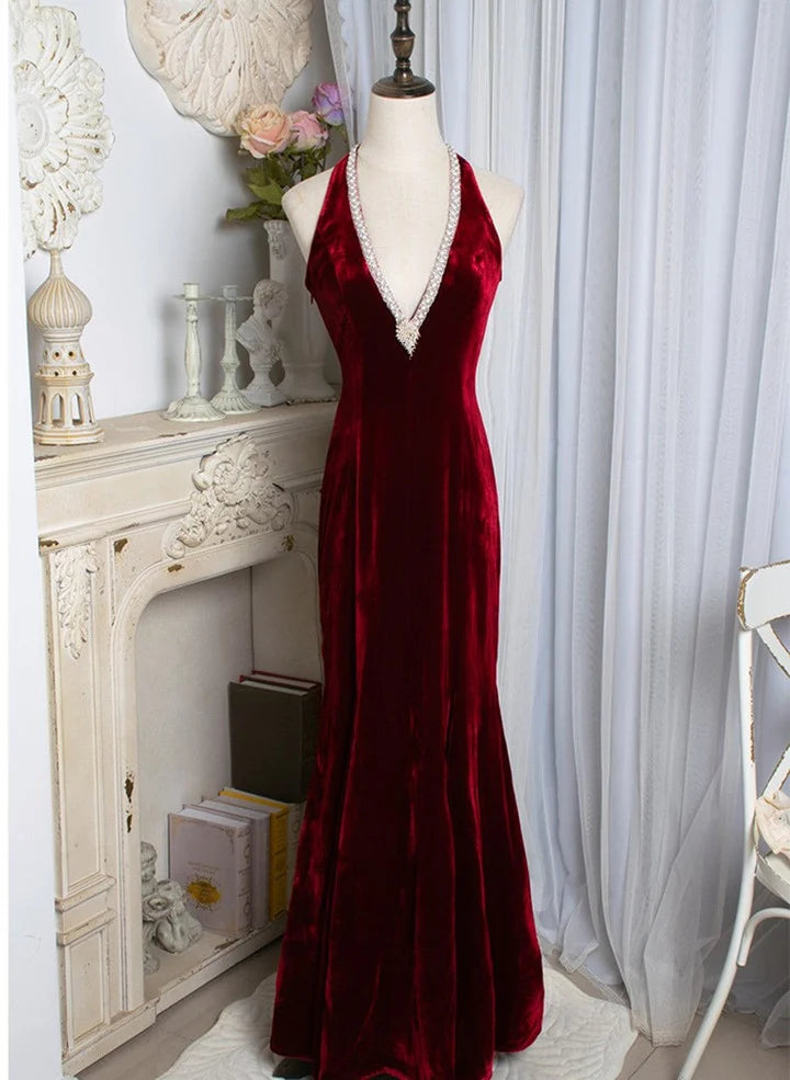Wine Red Velvet Mermaid Beaded Long Party Dress Wine Red Prom Dress