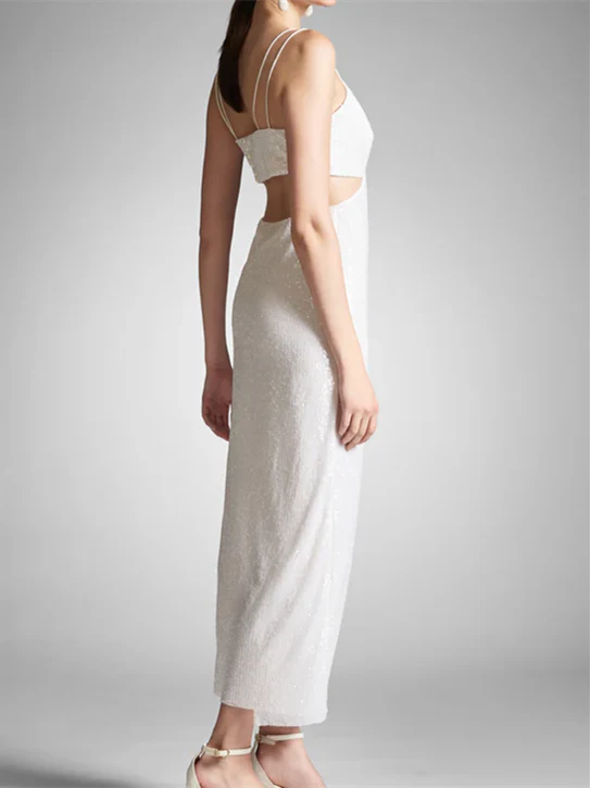 White long, simple and fashionable back to school evening gown with thin shoulder straps
