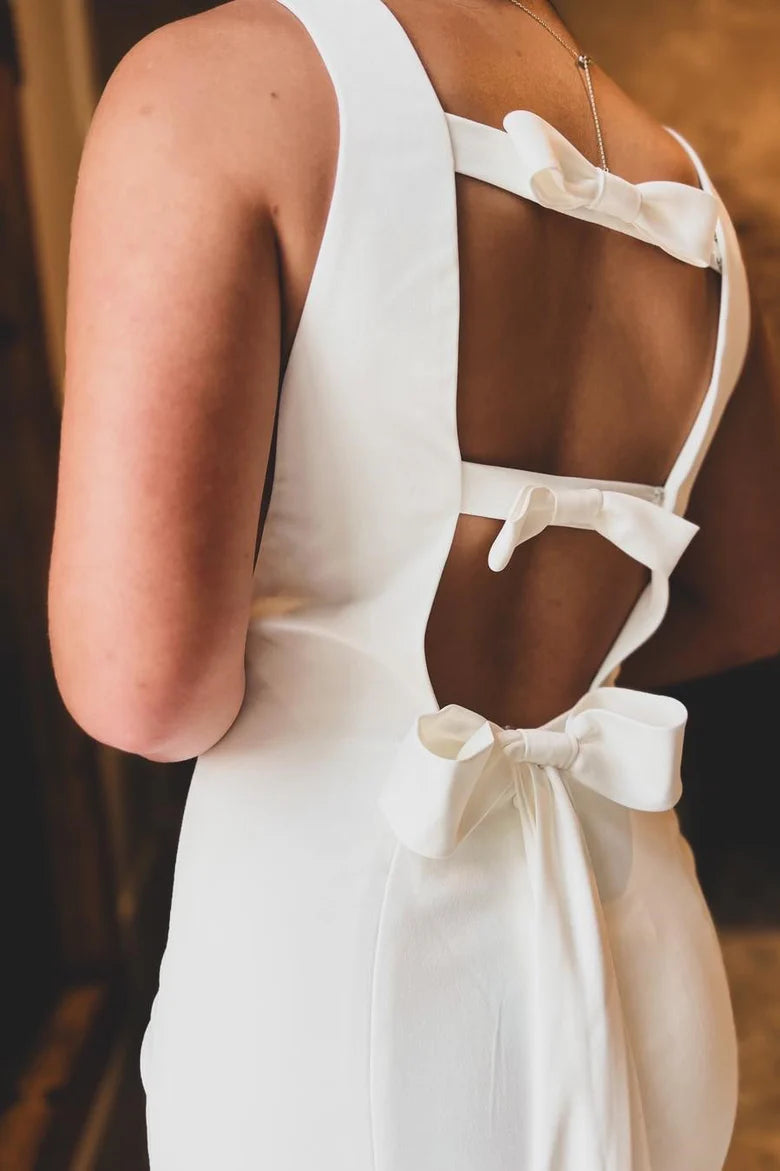 White Bateau Cutout Back Long Wedding Dress