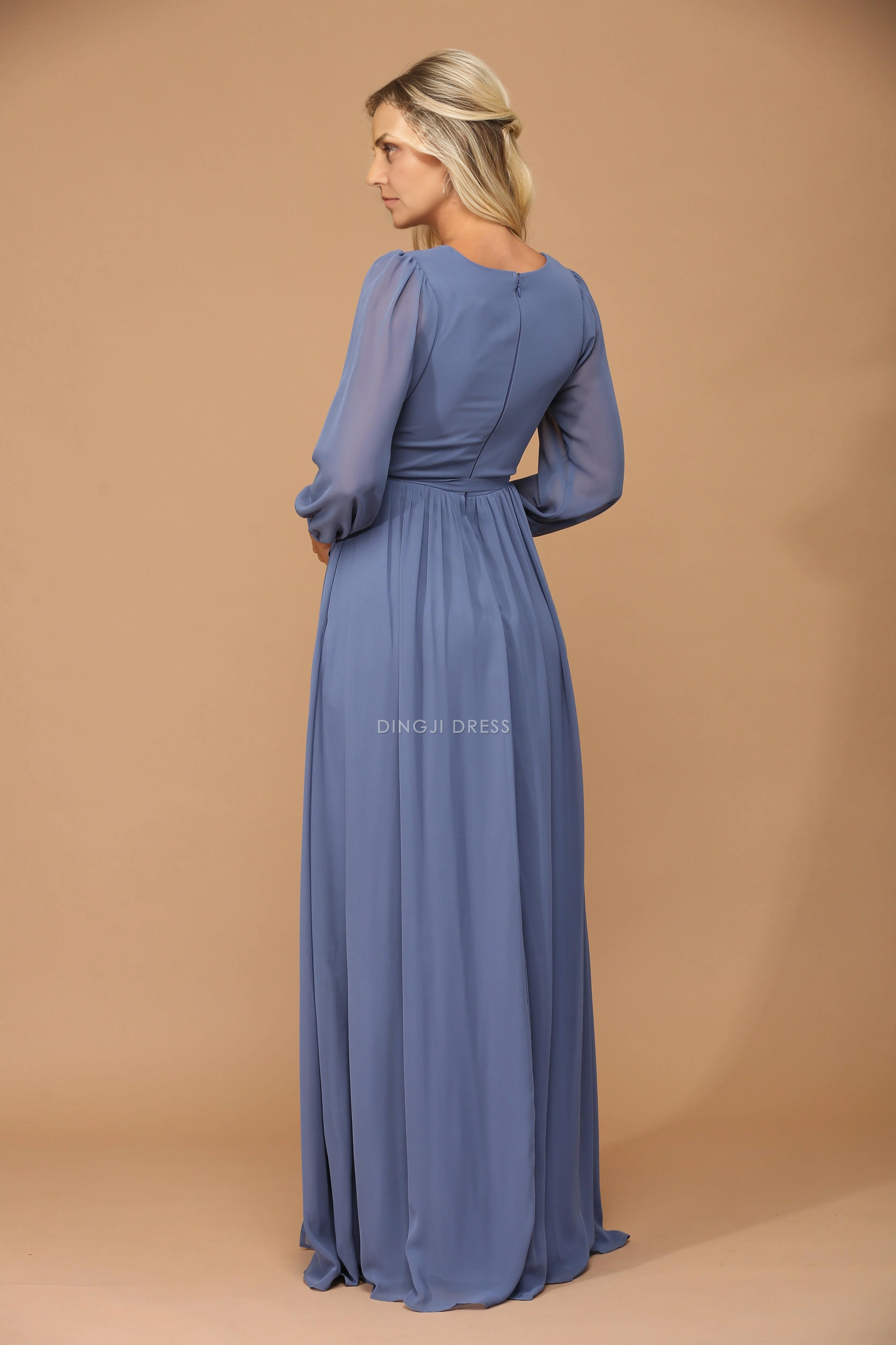 DingJiDress Evening Dress Elegant V Neck Long Sleeves Simple Long Mother Of The Bride Dress