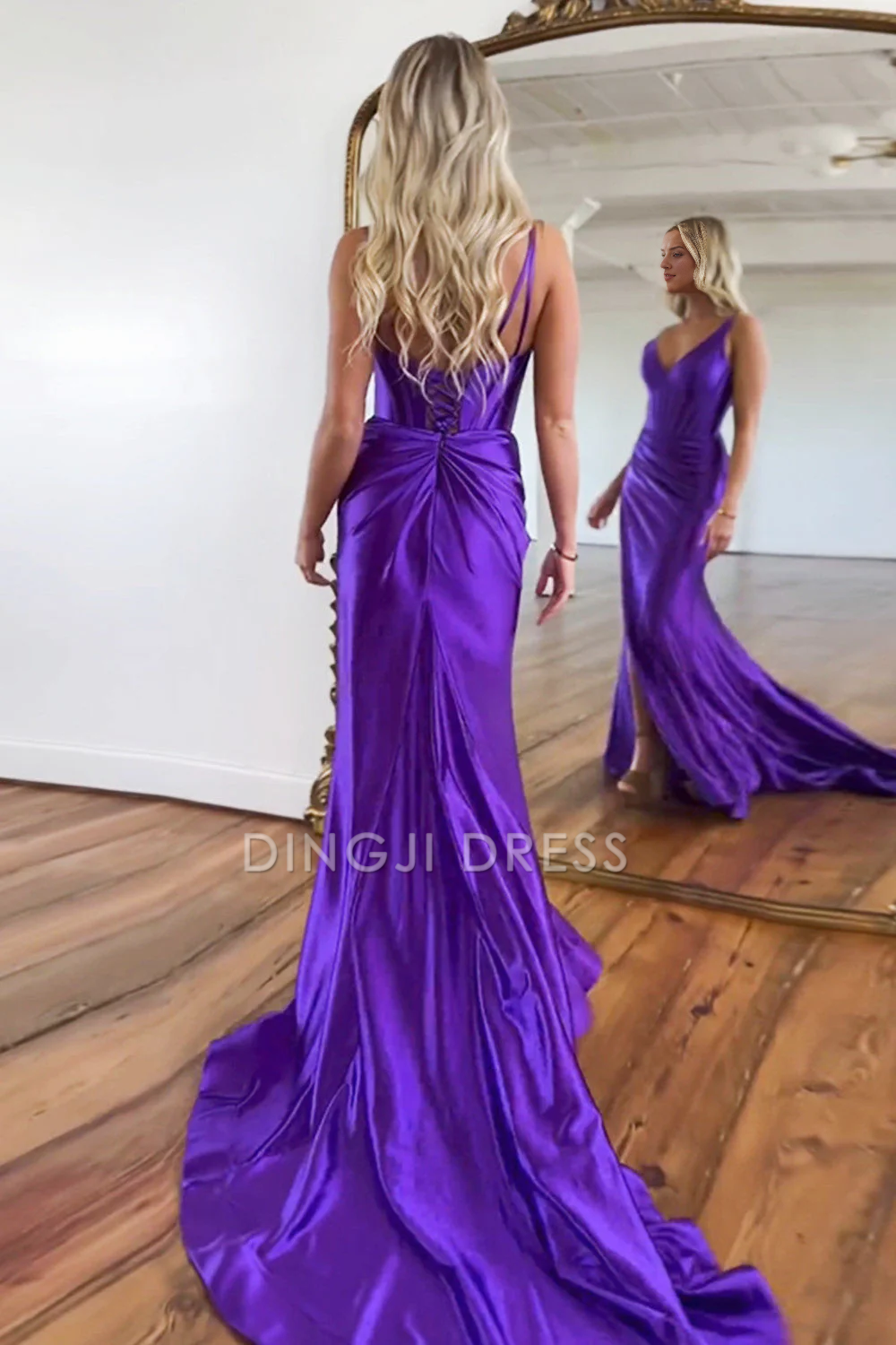 DingJiDress Mermaid V-Neck Satin Long Split Sweep Train Elegant Prom Dress