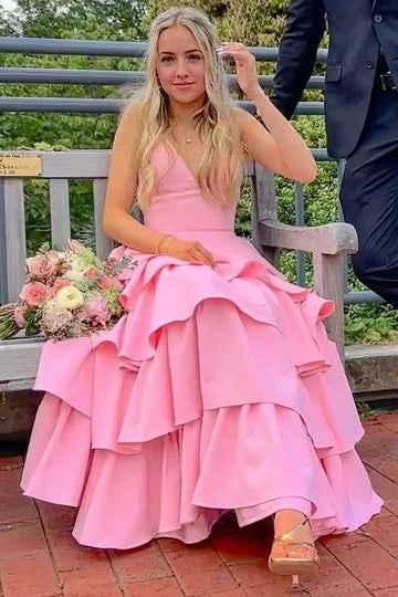 Pink Straps V-Neck Tiered Sleeveless Empire-Waist Long Prom Dress