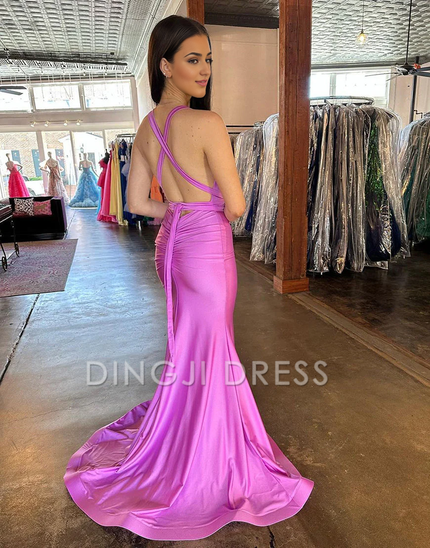 DingJiDress Sexy Deep V-Neck Cross Back Long Satin With Split Charming Prom Dress