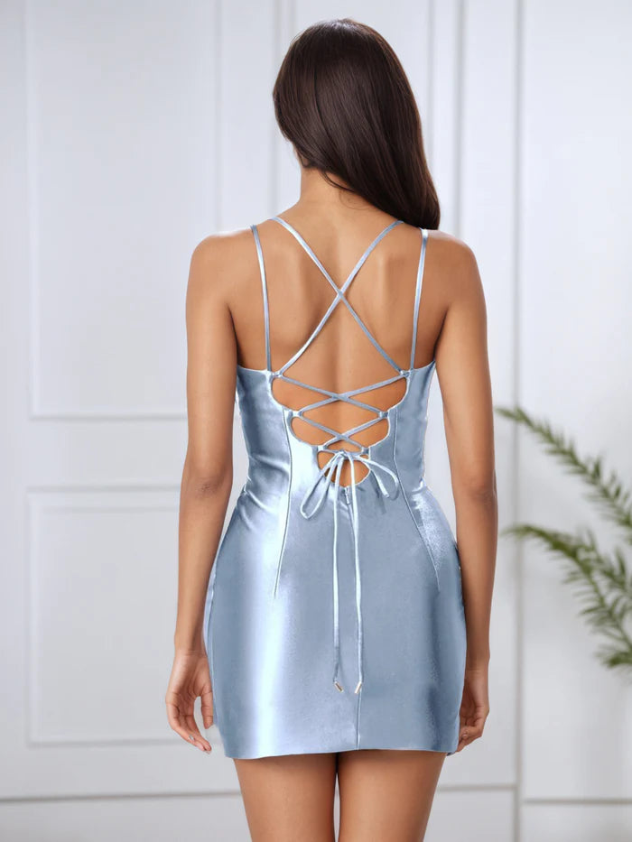 Satin Sky Blue V-Neck Spaghetti Straps Homecoming Dress