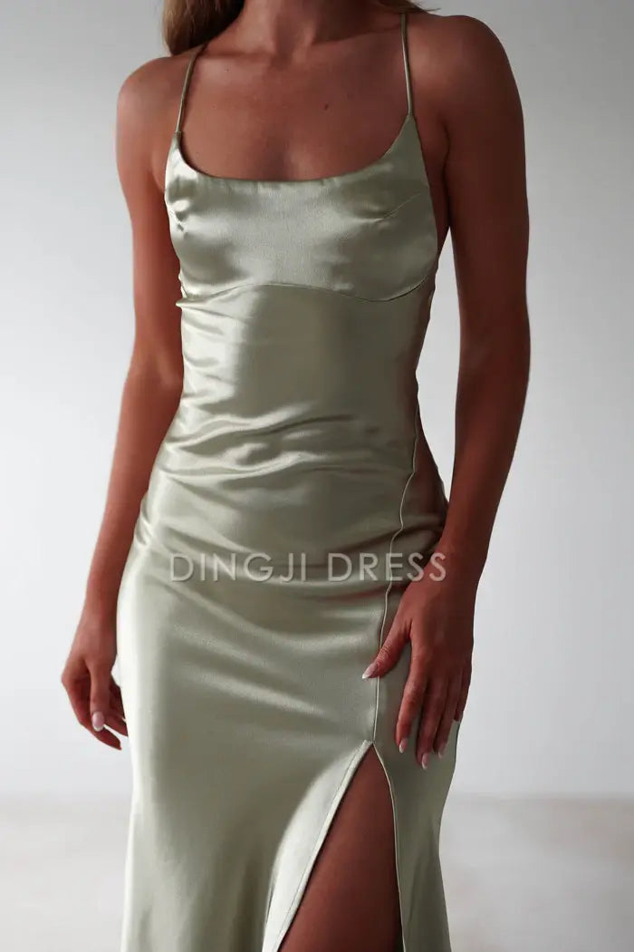 DingJiDress Figure Slimming Slip Dress Straight Neckline Low Back Adjustable Tie Straps Elegant Simple Prom Dress
