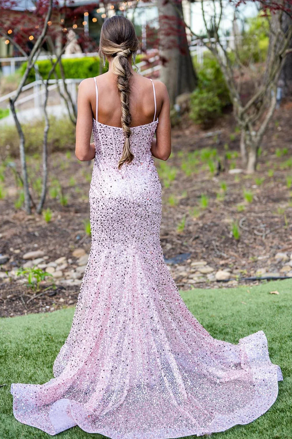 Pink thin shoulder strap long sequin slim fit ball dress