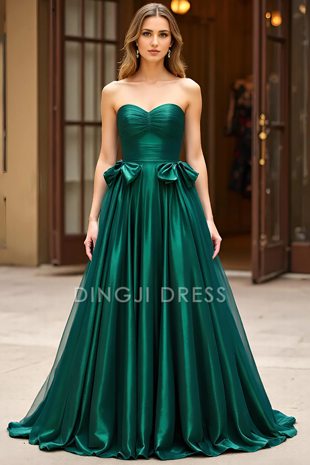 DingJiDress High Quality Dress Fashion Strapless A Line Sweetheart Pleated With Bow Long Prom Dress