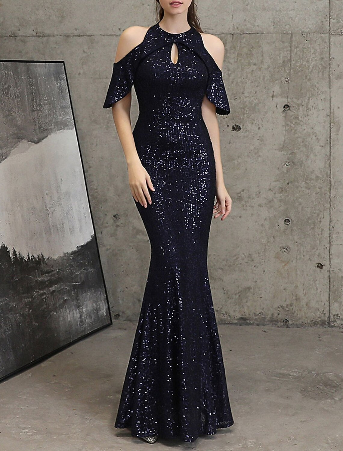 Mermaid  Trumpet Quinceanera Dresses Elegant Dress Wedding Wedding Guest Floor Length Sleeveless High Neck Sequined with Sequin