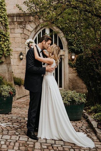 Fairy A Line V Neck Chiffon Lace Long Wedding Dresses