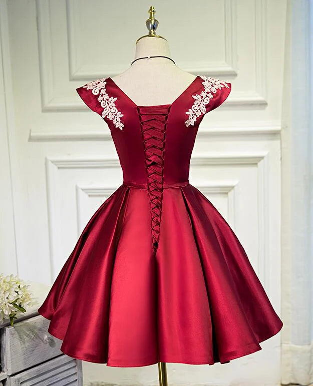 Dark Red Satin Short Prom Dress Party DressRed Homecoming Dress