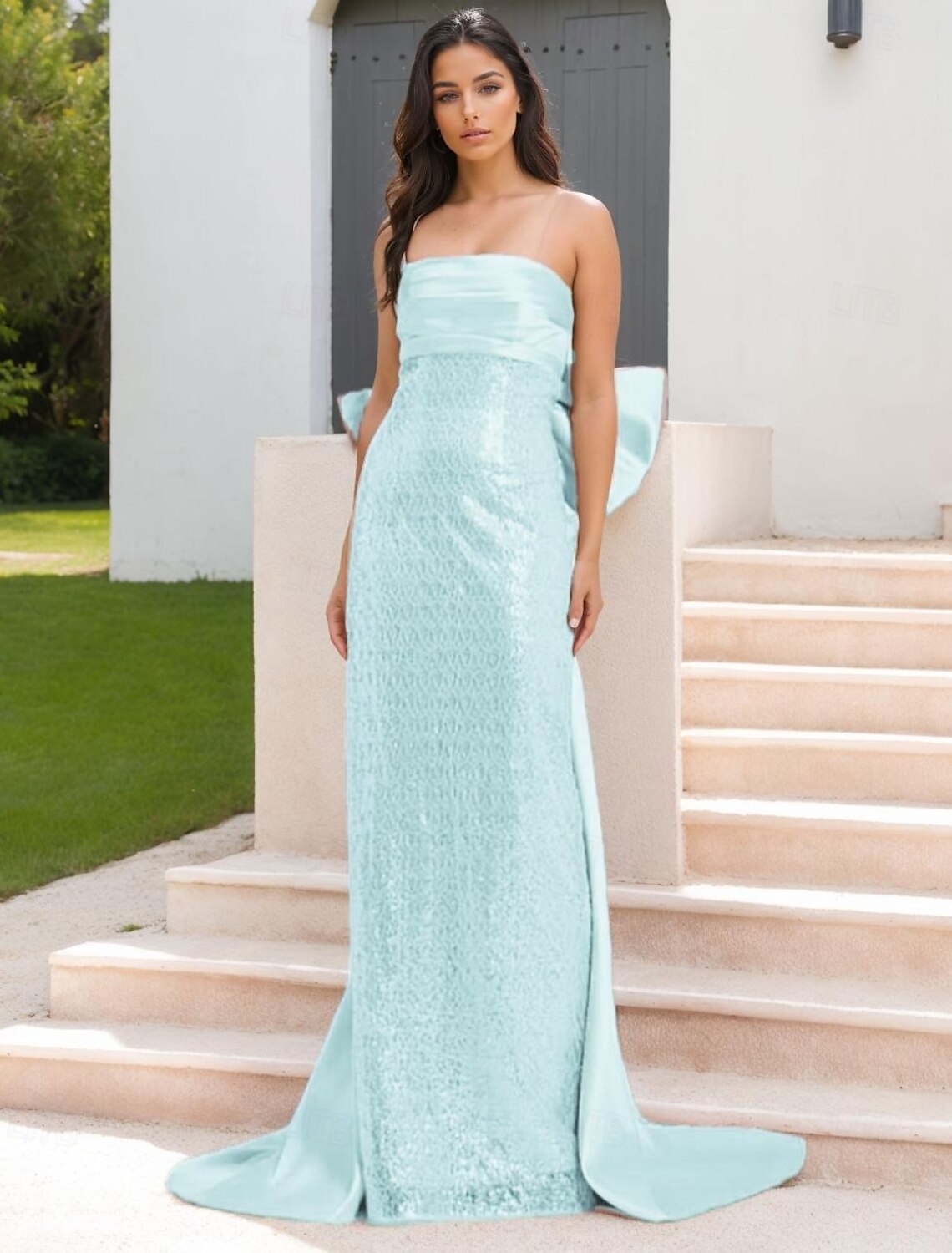 PInk Dress Evening Sequin Beaded Gown Elegant Dress Formal Wedding Floor Length Sleeveless Off Shoulder Satin with Bow