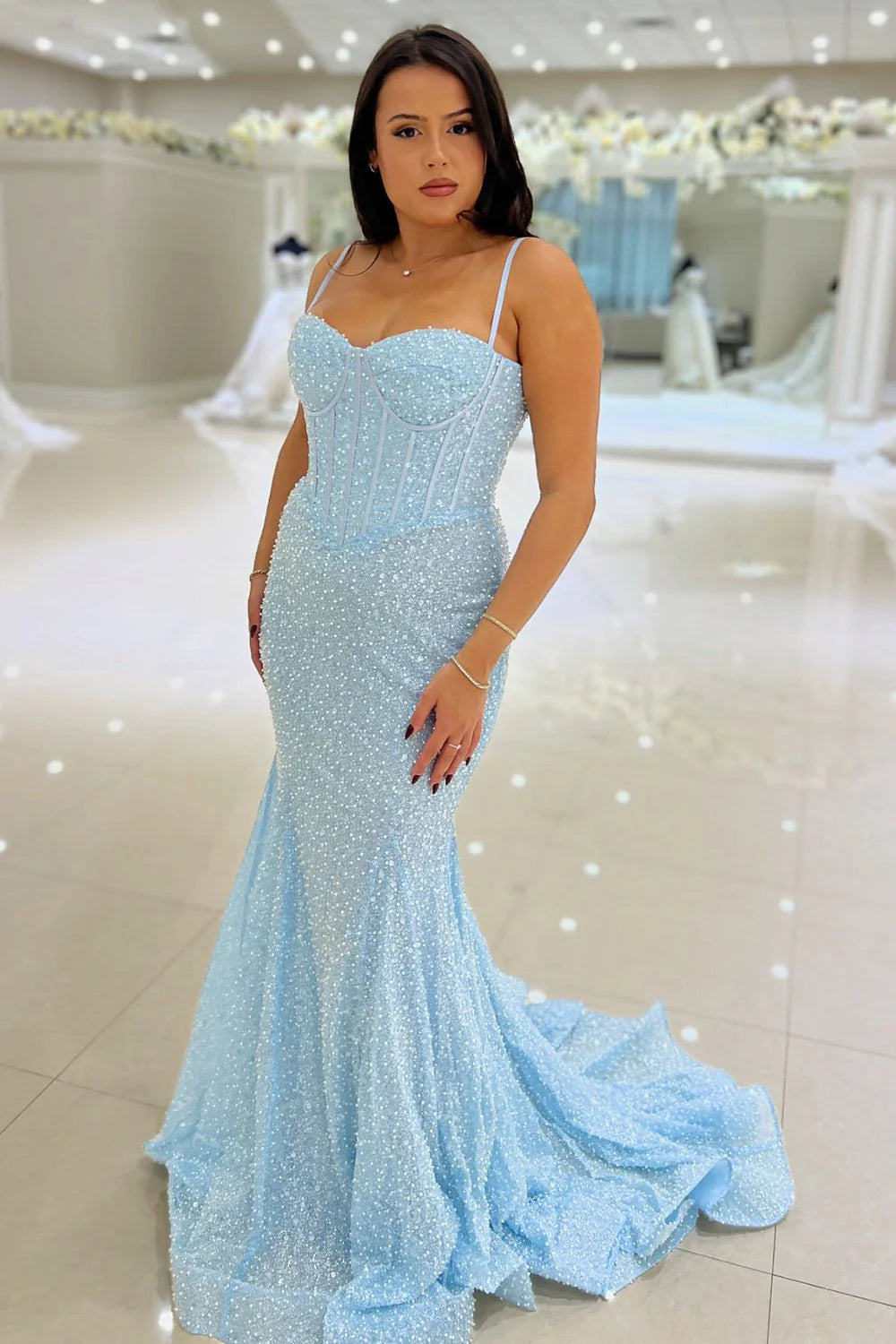 Pink thin shoulder strap long sequin slim fit ball dress
