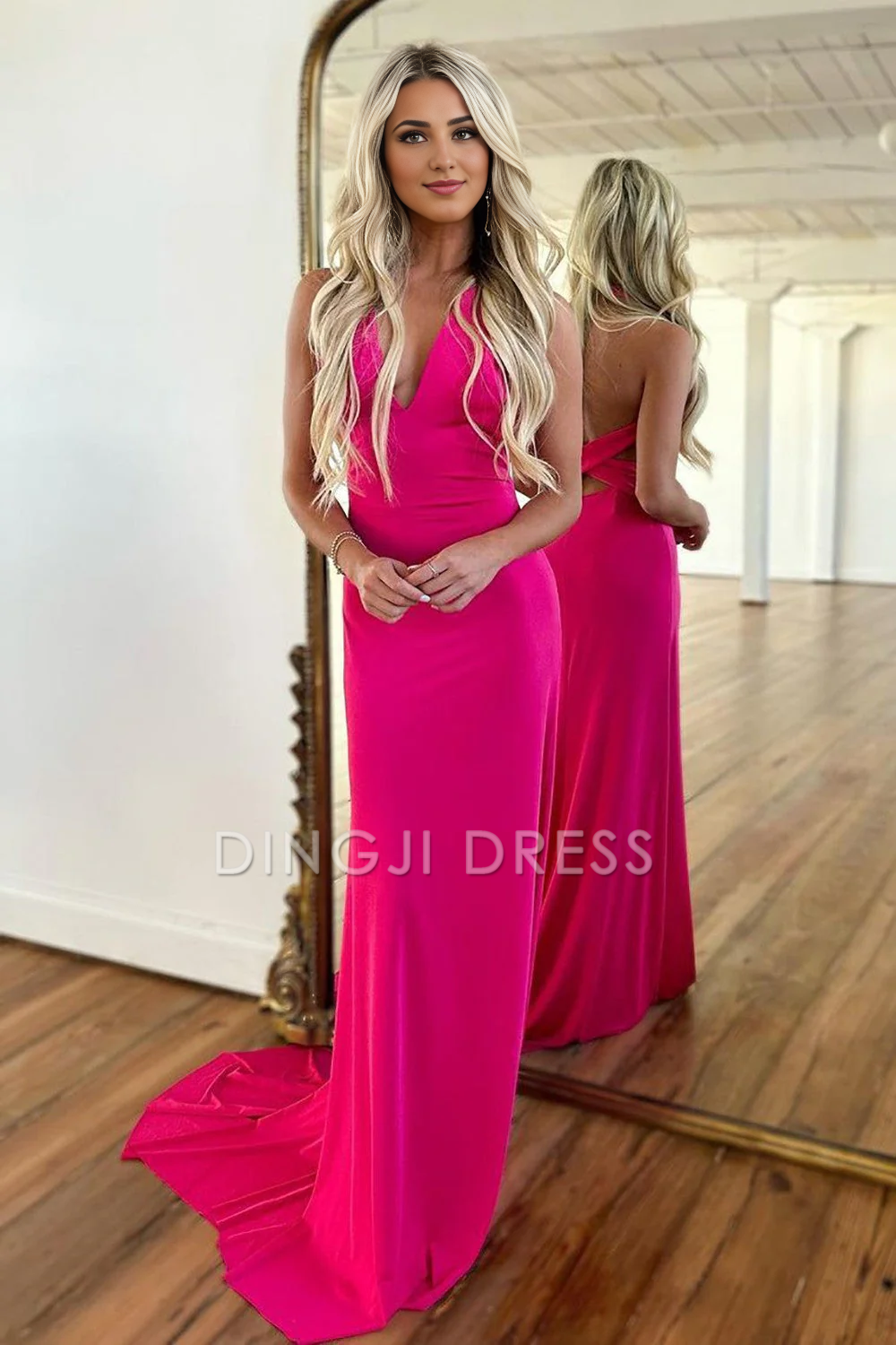 DingJiDress Exquisite V-Neck Cross Back Satin Corset Long Fashion Prom Dress
