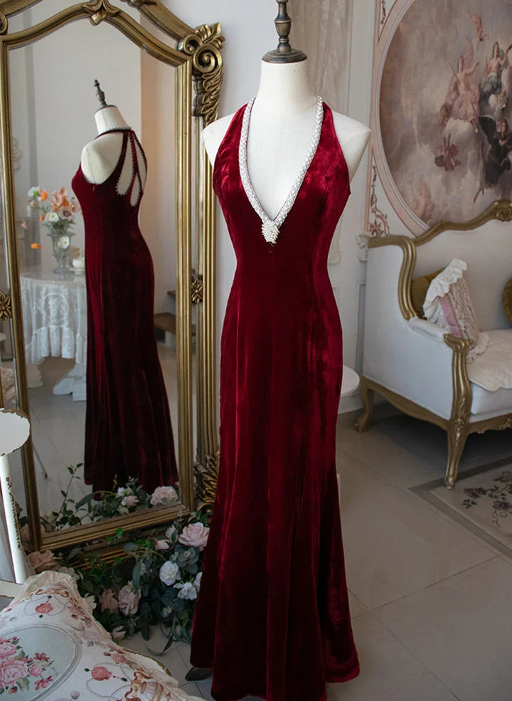 Wine Red Velvet Mermaid Beaded Long Party Dress Wine Red Prom Dress