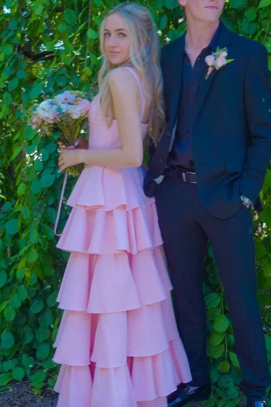 Pink Straps V-Neck Tiered Sleeveless Empire-Waist Long Prom Dress