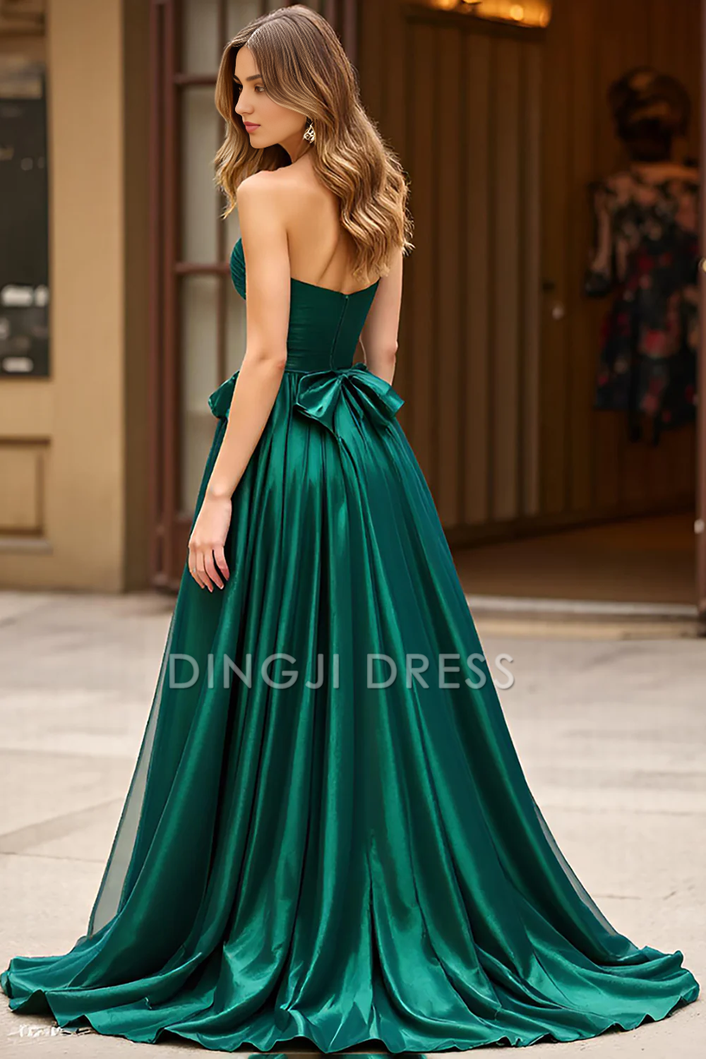 DingJiDress High Quality Dress Fashion Strapless A Line Sweetheart Pleated With Bow Long Prom Dress