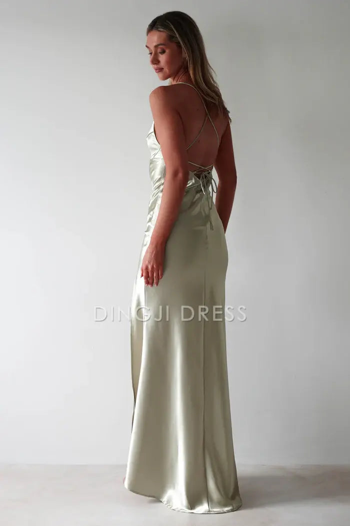 DingJiDress Figure Slimming Slip Dress Straight Neckline Low Back Adjustable Tie Straps Elegant Simple Prom Dress