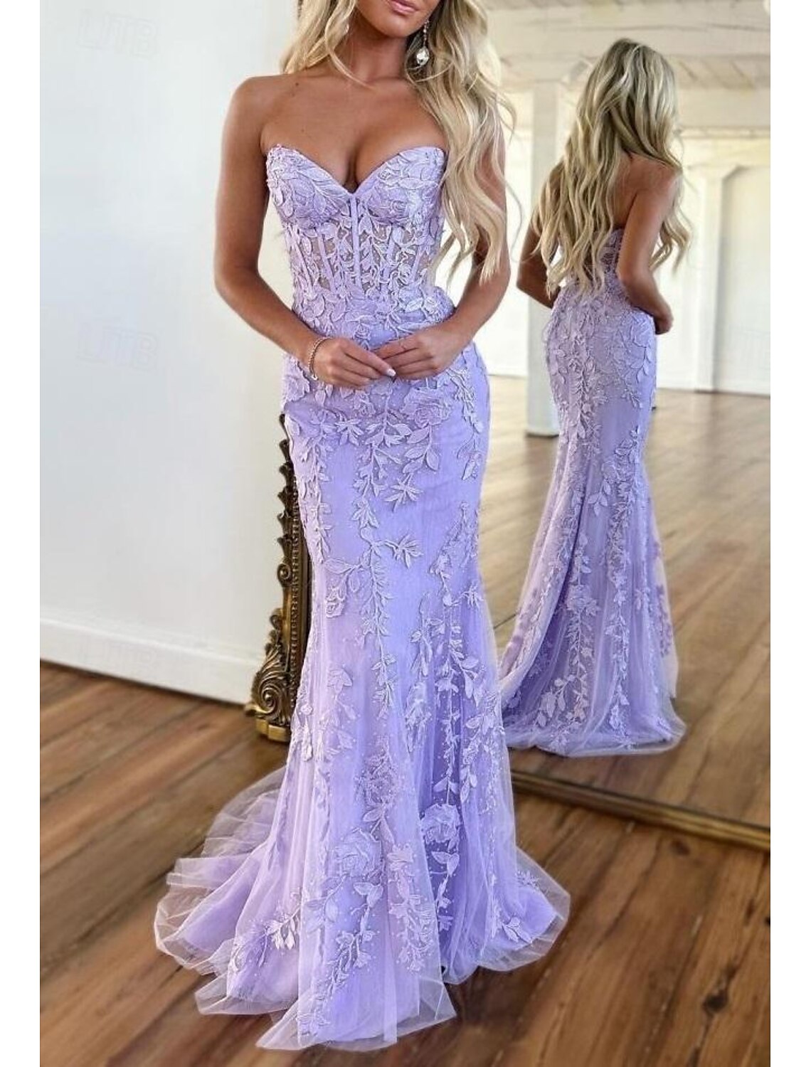 Mermaid Prom Dresses Glittering Dress Evening Party Sweep / Brush Train Sleeveless Strapless Lace Backless with Appliques