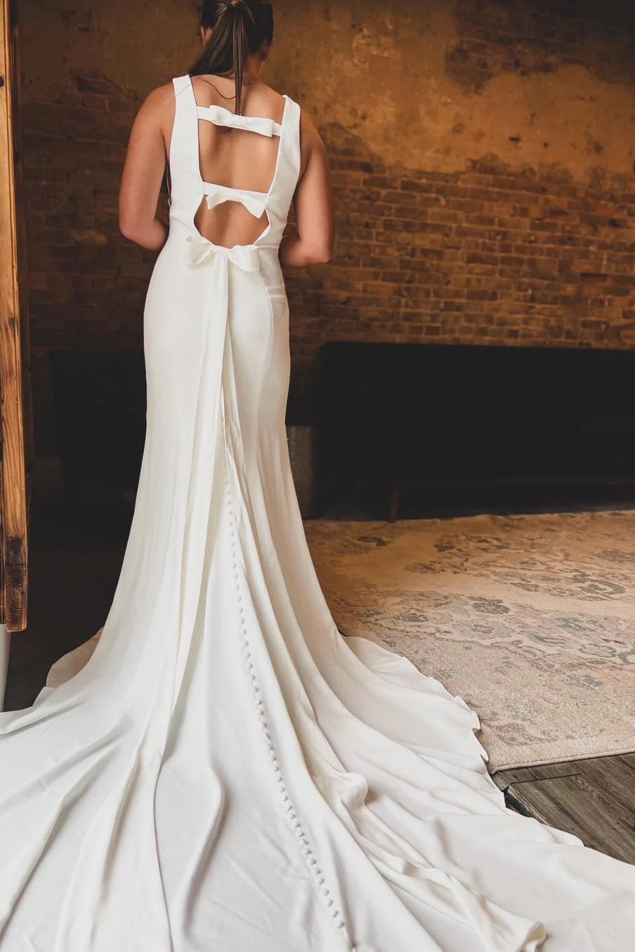 White Bateau Cutout Back Long Wedding Dress