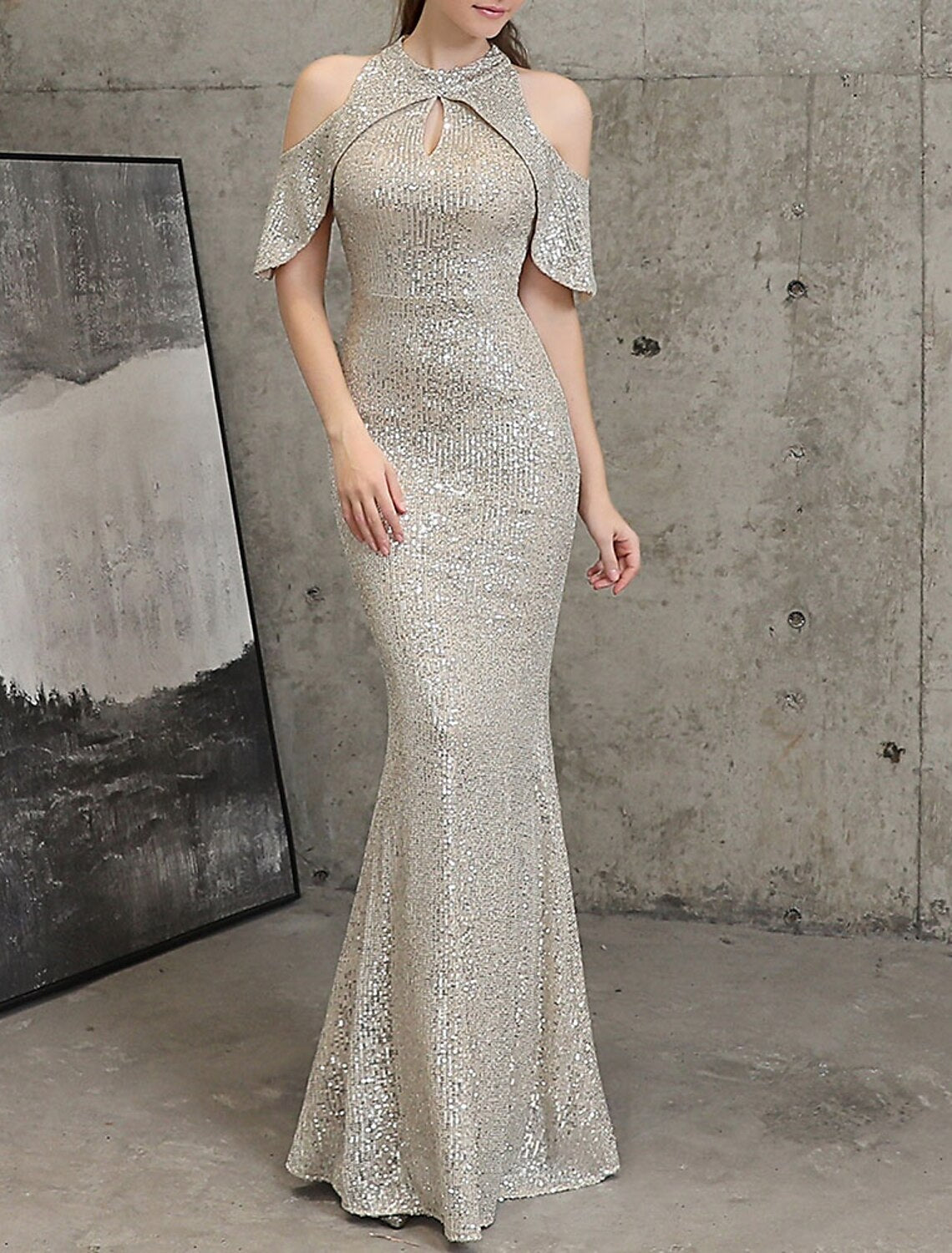 Mermaid  Trumpet Quinceanera Dresses Elegant Dress Wedding Wedding Guest Floor Length Sleeveless High Neck Sequined with Sequin