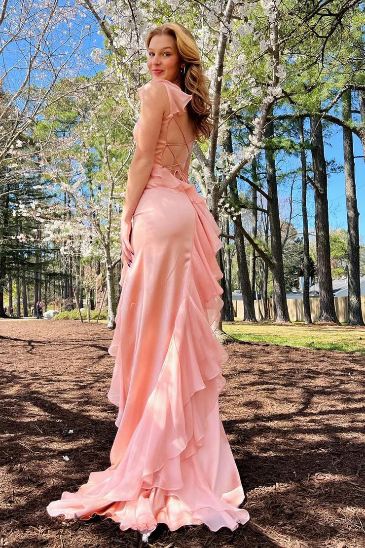 Pink square neck pleated chiffon long ball dress with slit