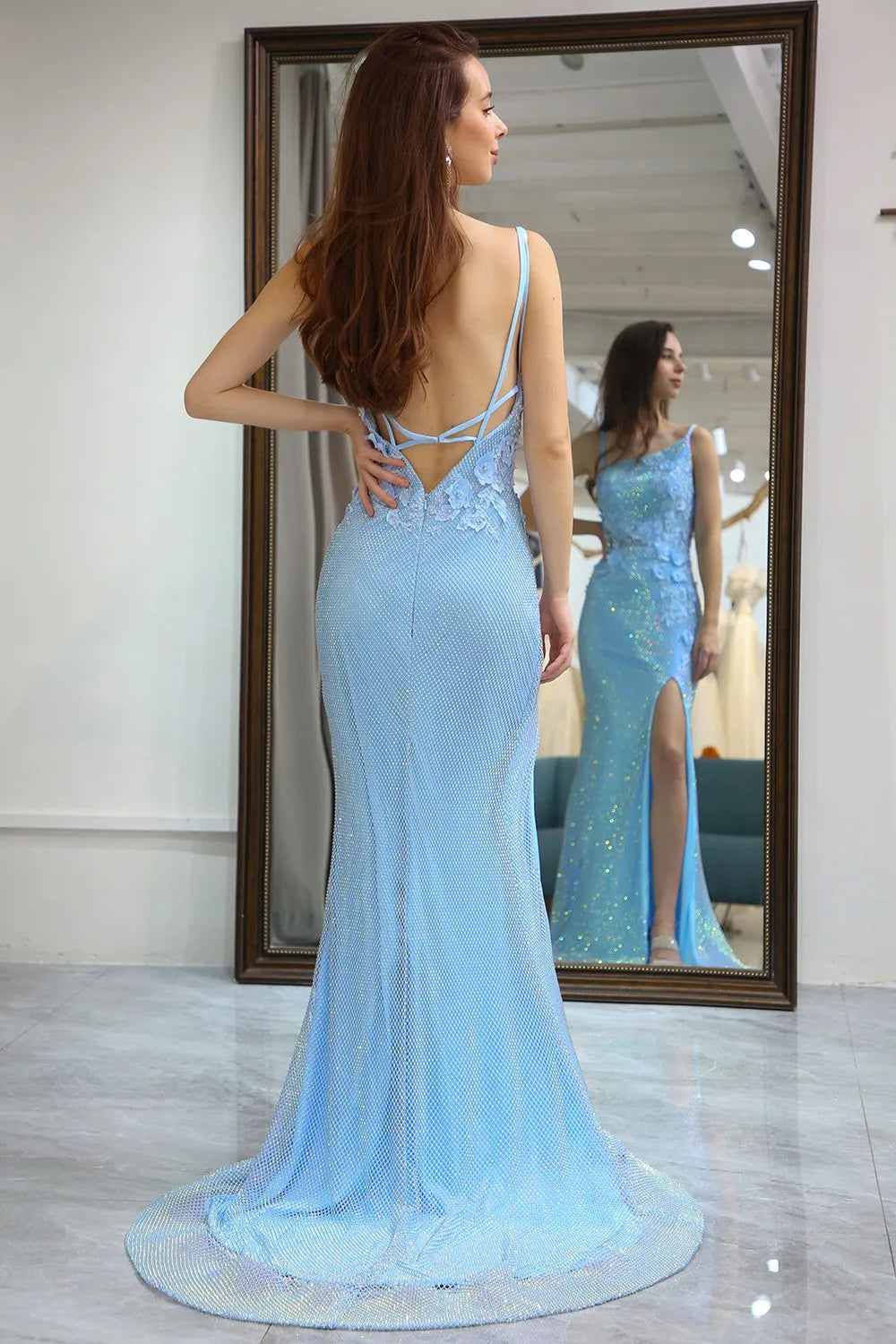 Light blue floral one shoulder long sequin slit mermaid party dress