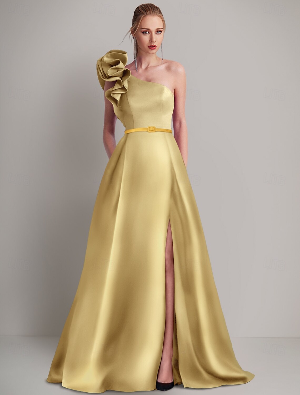 A-Line Evening Gown Elegant Dress Formal Floor Length Sleeveless One Shoulder Satin with Shouder Flower