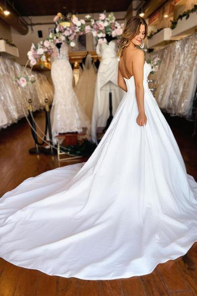 Simple Strapless White Satin Wedding Dresses