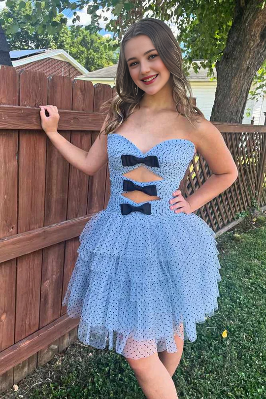 DingJiDress Strapless Black Dot Tulle Ruffle Homecoming Dress with Bow Graduation Dresses