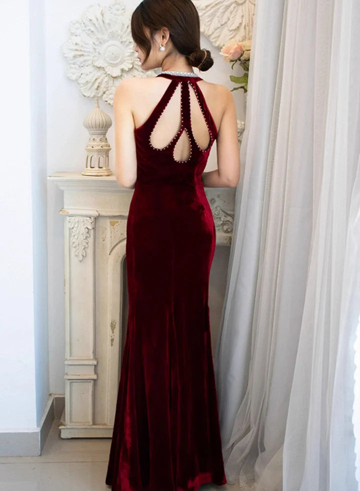 Wine Red Velvet Mermaid Beaded Long Party Dress Wine Red Prom Dress