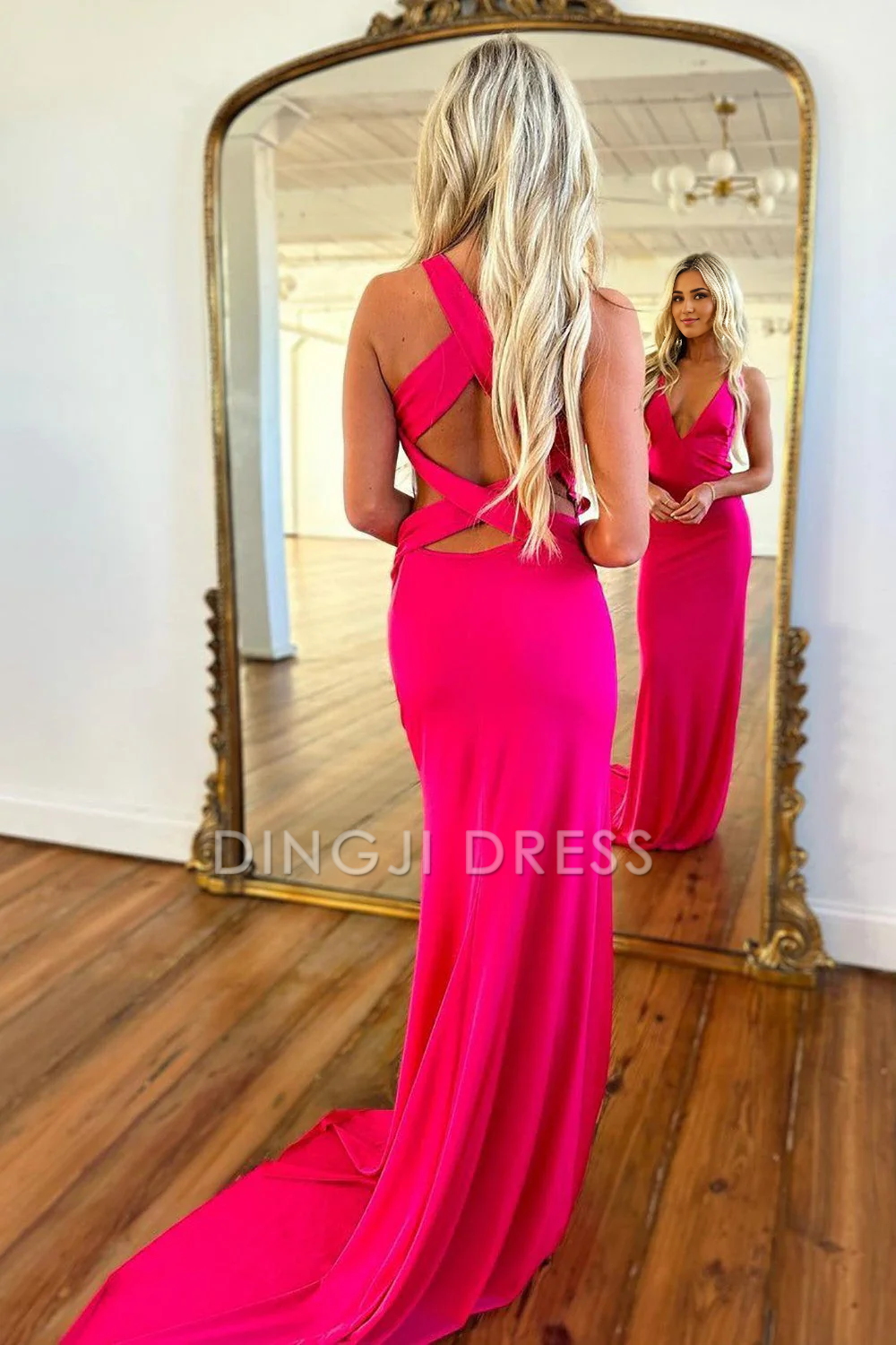 DingJiDress Exquisite V-Neck Cross Back Satin Corset Long Fashion Prom Dress